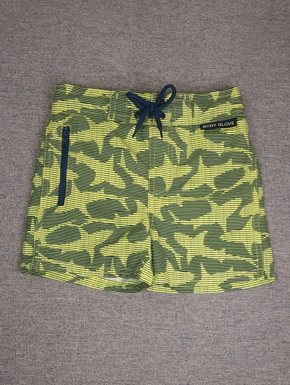 Body Glove Neon Yellow Navy Blue Striped Shark Print Mesh Lined Swim Trunks 3T